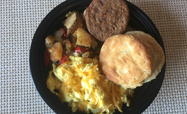 Scrambled Eggs, O’Brien Potatoes, Sausage Patty
