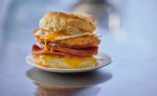 Fried Mortadella sandwich sitting on a small, white plate. 