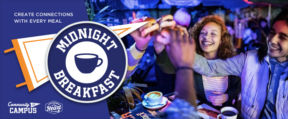 Text reads create connections with every meal. Midnight breakfast. Coffee mug icon. Group of diverse students smiling while saying cheers with breakfast sandwiches. Coffee on the table in mugs.