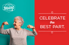 Celebrate the Best Part Event Toolkit text on red background. Your Business is at the Heart of Ours logo and smiling senior woman flexing arms wearing grey sweater on teal background.