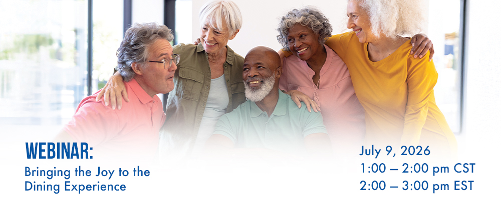 Five senior adults in an indoor setting, smiling at each other, promoting a    webinar on heart healthy diets for senior living.