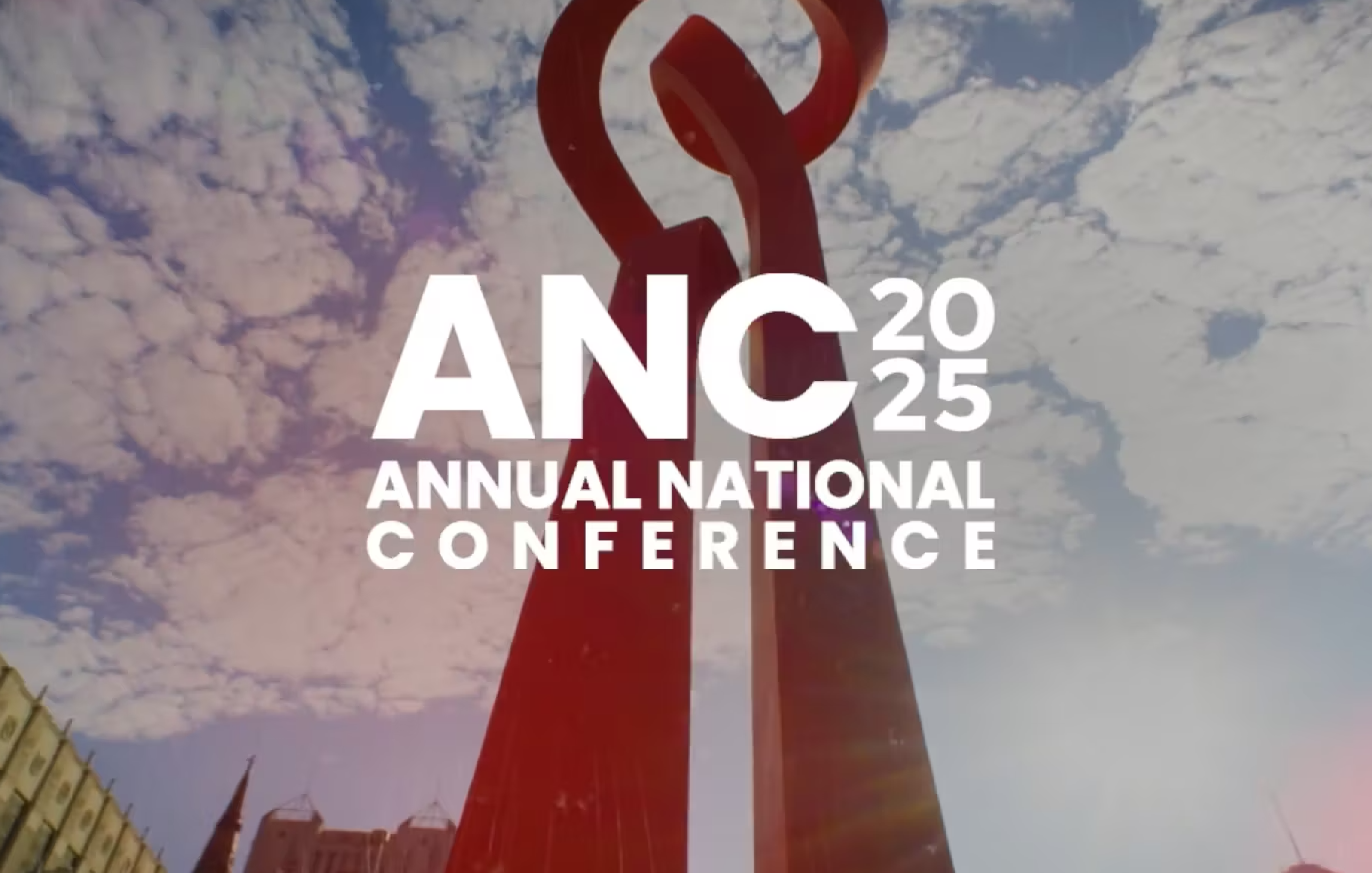 Large red intertwined sculpture against a partly cloudy sky with bold white text overlay reading 'ANC 2025 Annual National Conference.