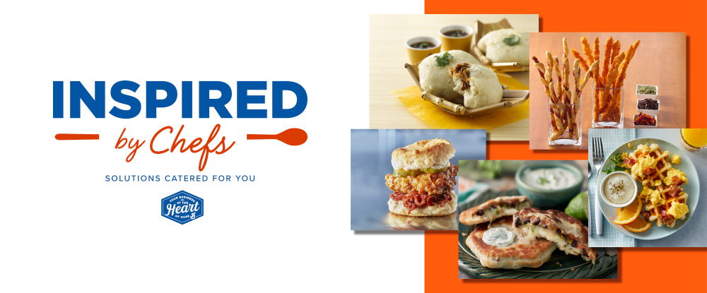 Inspired by chefs in blue and orange text. Wooden spoon icon in orange. Collage of five images of different recipes all made with biscuits showing product versatility.