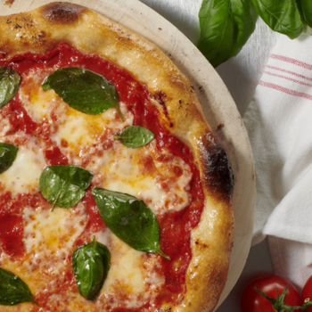 Blurred pizza image with white “Best of Pizzeria” text overlay.