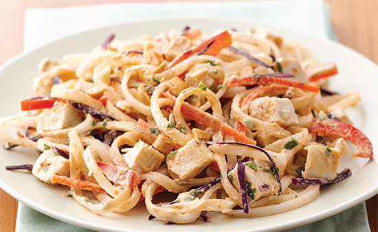 Fettuccini pasta on a white plate with chicken and peppers