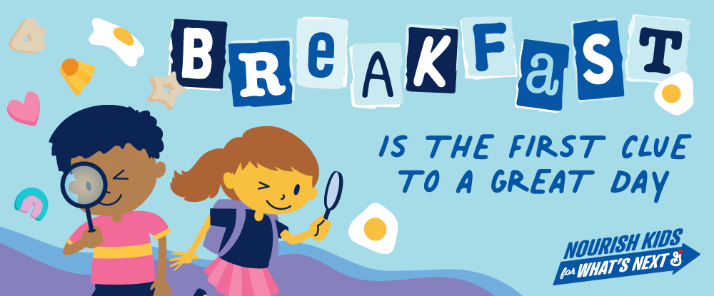 Illustrated school children with magnifying glasses looking at colorful breakfast items such as eggs and cereal pieces. The text says, 